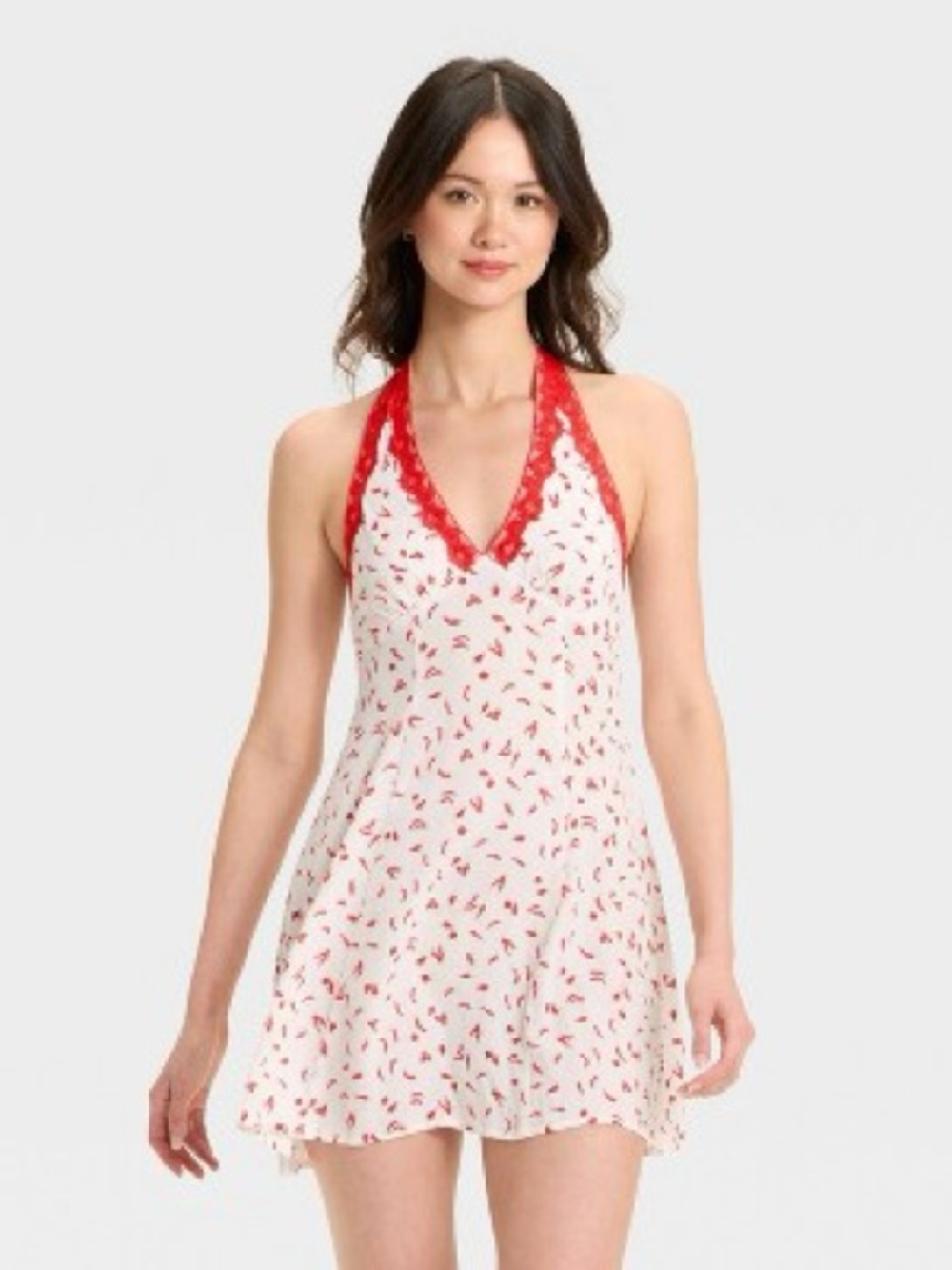 wild fable White Cherry-Print Halter Chemise with Red Lace